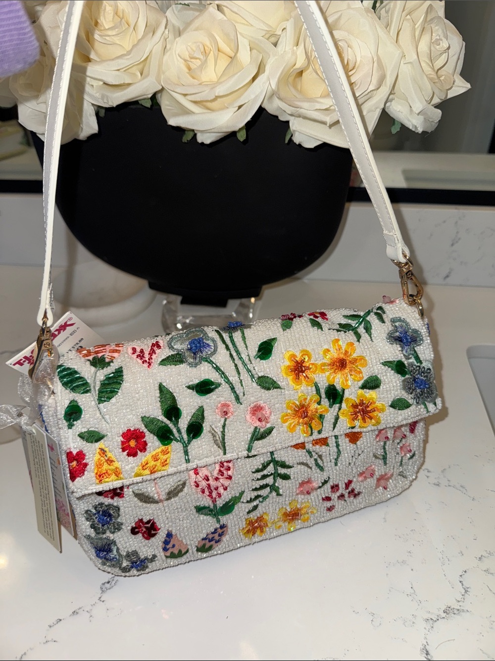 Viral made in India Embroidered Floral Beaded Shoulder Bag - White